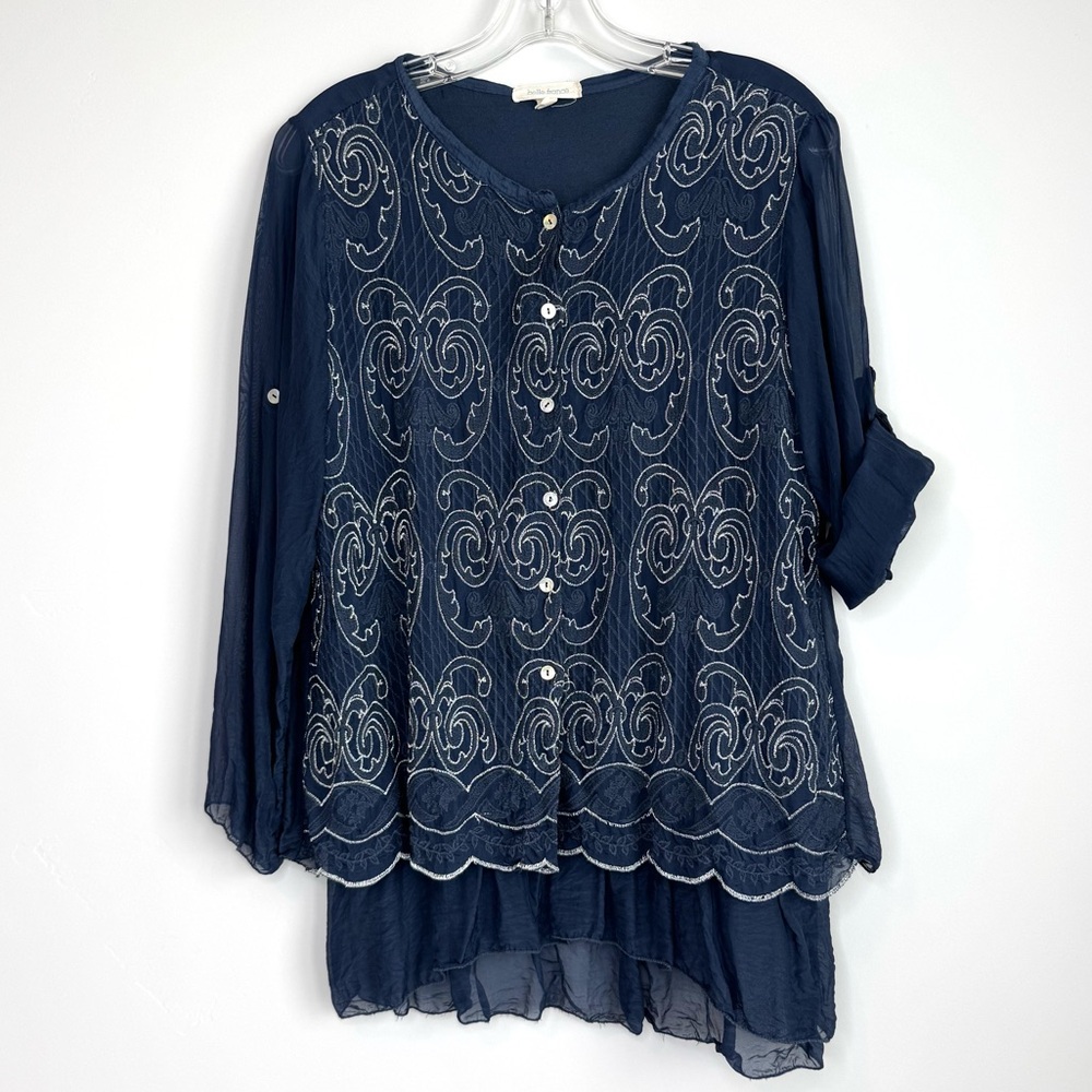 Belle France Silk Tunic Blouse Women’s Small Ling Skeeve Silver Embroidered Top